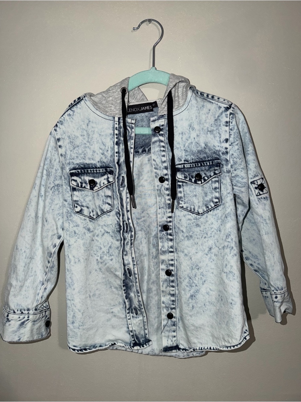 Lenox James Acid Wash Hooded Denim Jacket | 4T | Snap Button Shacket